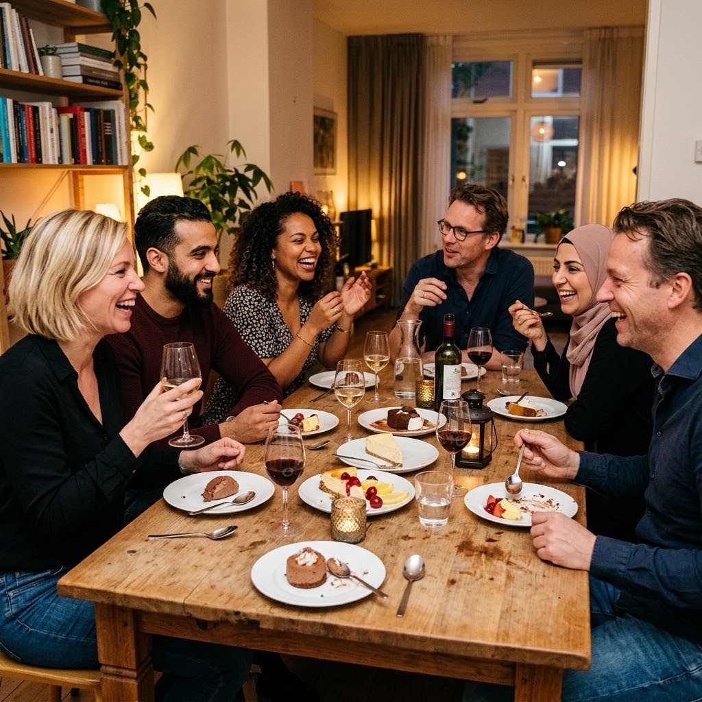 Vrienden lachen samen aan tafel tijdens een Tafeltour Running Dinner
