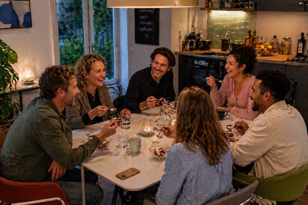 Vrienden lachen samen aan tafel tijdens een Tafeltour Running Dinner